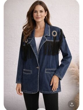Next Move Western Denim Jacket Blazer Fringe Studded Blue Size L